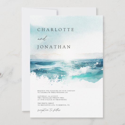 フォトウモダンォーター色ビーチ結婚式 招待状 (正面)