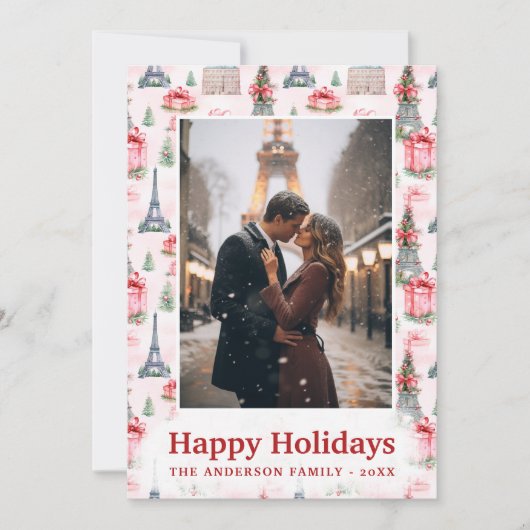 フォトエッフェルタワーシックなパリピンクのクリスマス シーズンカード (正面)