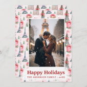 フォトエッフェルタワーシックなパリピンクのクリスマス シーズンカード (正面/裏面)