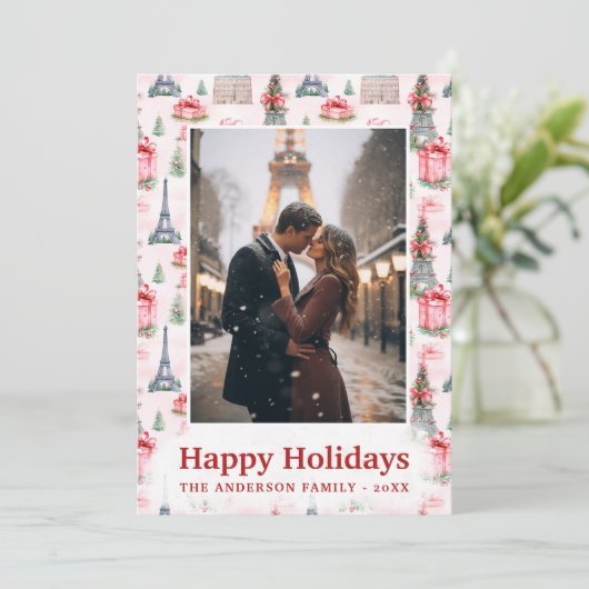 フォトエッフェルタワーシックなパリピンクのクリスマス シーズンカード (スタンド正面)