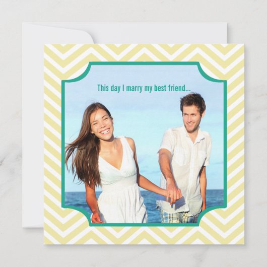 フォトエメラルドイエロージグザグザグ結婚タイポグラフィ 招待状 (裏面)