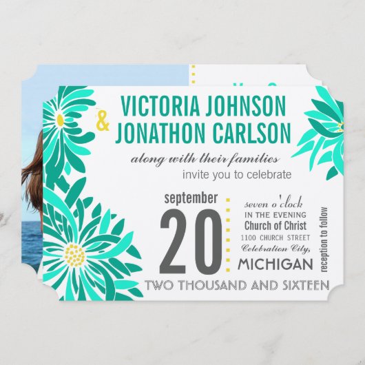 フォトエメラルドイエローミントモダンフローラ結婚ズ 招待状 (正面/裏面)