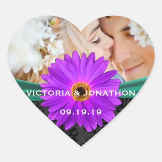 フォトエメラルドグリーンアンドプラムガーベラデイジー結婚ズ ハートシール (正面)