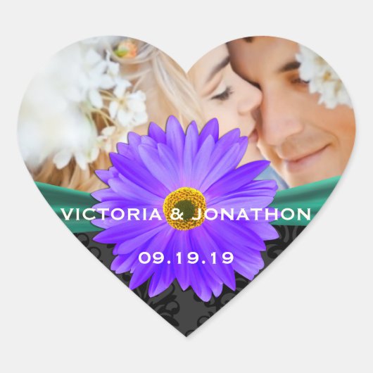 フォトエメラルドグリーンラベンダーガーベラ結婚デイジー ハートシール (正面)