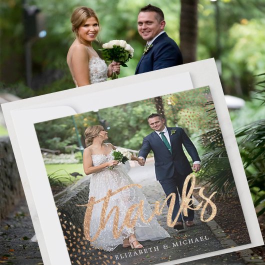 フォトエレガントなウェディング金ゴールドスクエアありがとう サンキューカード