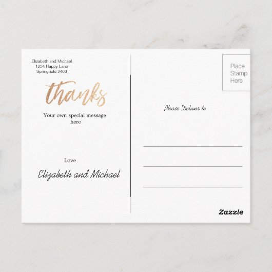 フォトエレガントなウェディング銅金ゴールドありがとう ポストカード (裏面)