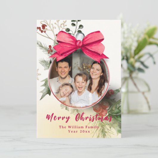フォトエレガントオーナメントファミリー名クリスマス シーズンカード (スタンド正面)