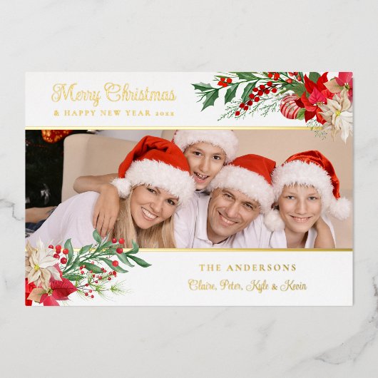 フォトエレガントクラシッククリスマスポインセチア 箔シーズンカード (正面)