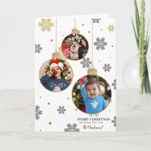 フォトエレガントクリスマスオーナメントと雪片 カード (正面)