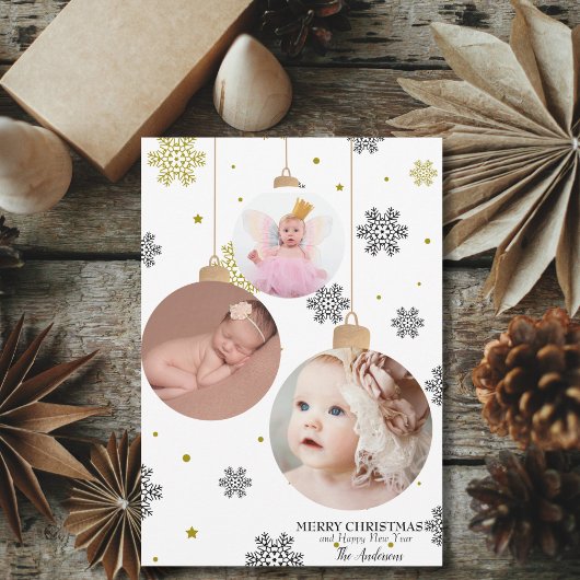 フォトエレガントクリスマスオーナメントと雪片 シーズンカード