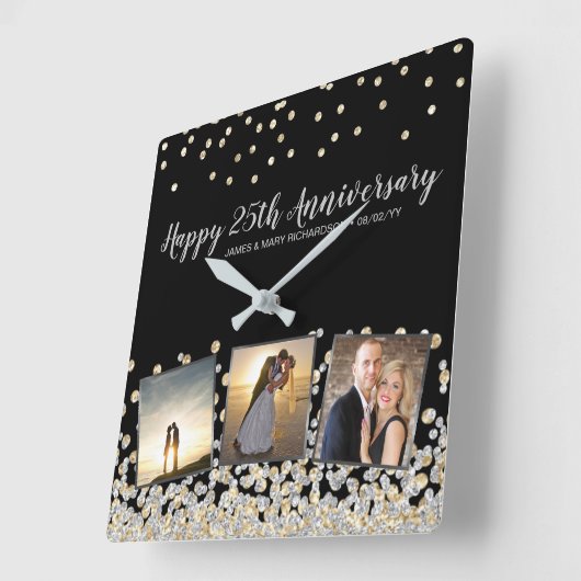 フォトエレガントコラージュ金ゴールドシルバー25周年記念 スクエア壁時計 (傾斜)