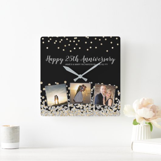 フォトエレガントコラージュ金ゴールドシルバー25周年記念 スクエア壁時計 (ホーム)