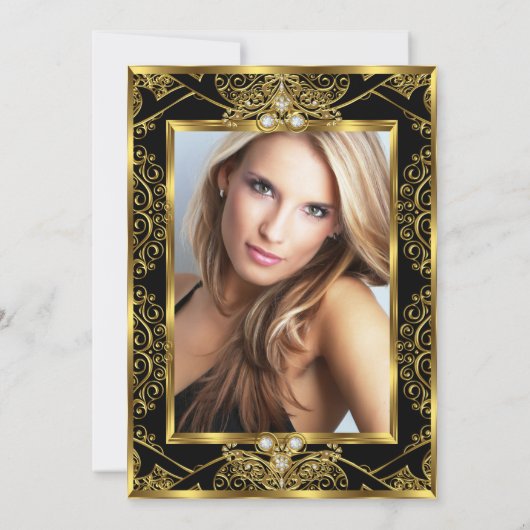 フォトエレガントバースデーパーティーブラック金ゴールドジュエル 招待状 (裏面)