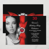 フォトエレガントバースデーパーティー深いレッドブラック 招待状 (正面/裏面)