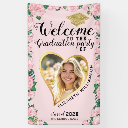 フォトエレガントフローラピンク卒業へようこそ 横断幕 (縦)