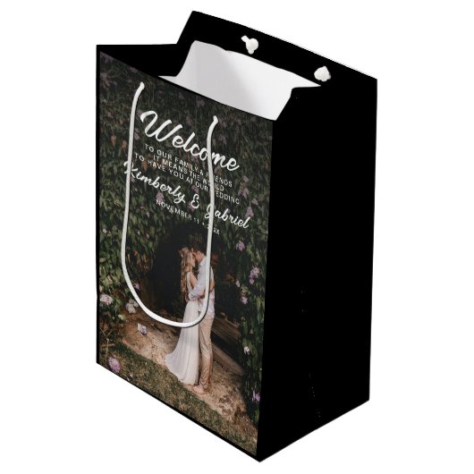 フォトエレガントブラック結婚の歓迎 ミディアムペーパーバッグ (正面アングル)