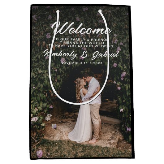 フォトエレガントブラック結婚の歓迎 ミディアムペーパーバッグ (正面)