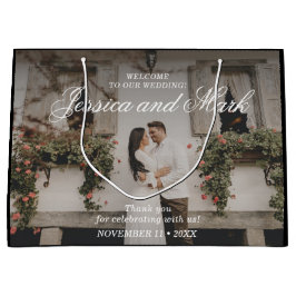 フォトエレガントブラック結婚の歓迎 ラージペーパーバッグ