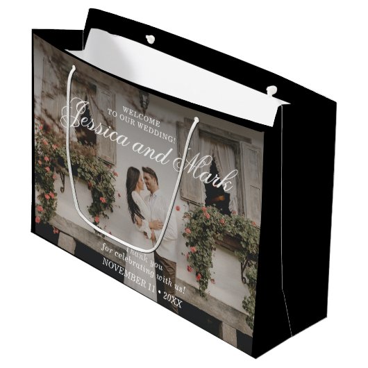 フォトエレガントブラック結婚の歓迎 ラージペーパーバッグ (正面アングル)