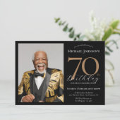 フォトエレガントブラック金ゴールドサプライズ70誕生日 招待状 (スタンド正面)