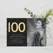 フォトエレガントブラック金ゴールド100th誕生日パーティー 招待状 (スタンド正面)