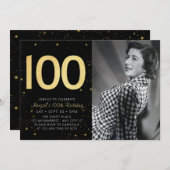 フォトエレガントブラック金ゴールド100th誕生日パーティー 招待状 (正面/裏面)