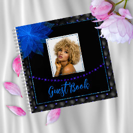 フォトエレガントブラック&ブルー誕生日ゲストブック ノートブック