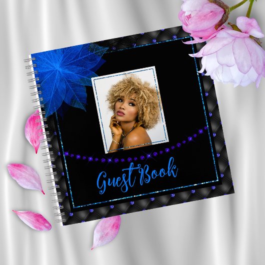 フォトエレガントブラック&ブルー誕生日ゲストブック ノートブック