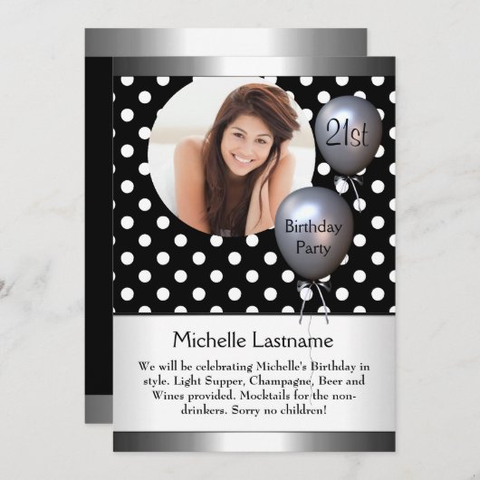 フォトエレガント水玉模様シルバーバルーン21st 招待状 (正面/裏面)