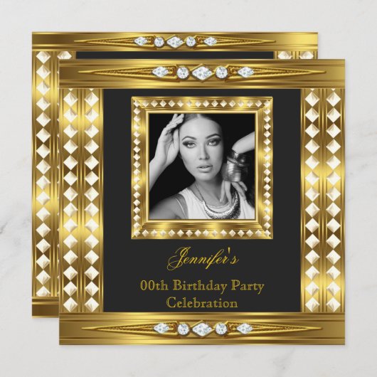 フォトエレガント金ゴールドグラムダイヤモンドブラック誕生日 招待状 (正面/裏面)
