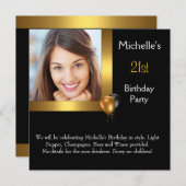 フォトエレガント金ゴールドブラックバルーン21歳の誕生日 招待状 (正面/裏面)