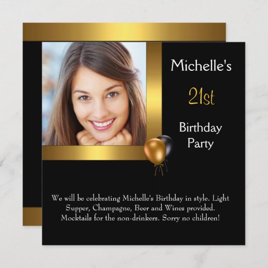 フォトエレガント金ゴールドブラックバルーン21歳の誕生日 招待状 (正面/裏面)