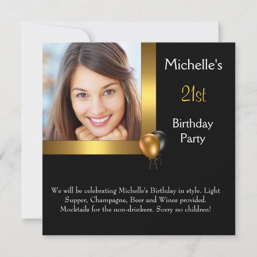 フォトエレガント金ゴールドブラックバルーン21歳の誕生日 招待状 (正面)