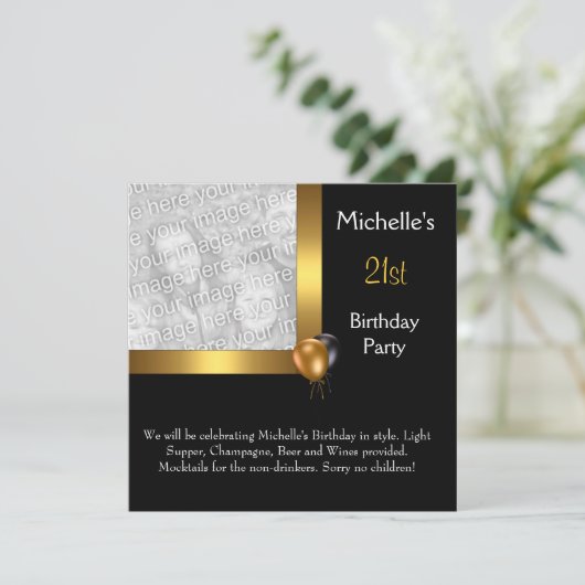 フォトエレガント金ゴールドブラックバルーン21歳の誕生日 招待状 (スタンド正面)