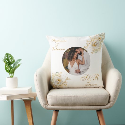 フォトエレガント金ゴールドホワイトフローラモノグラ結婚ム クッション (椅子)