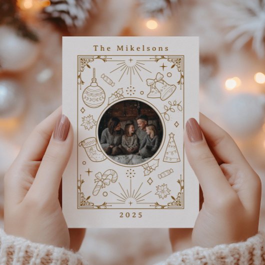 フォトエレガント金ゴールドラインアートクリスマス シーズンカード