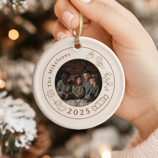 フォトエレガント金ゴールドラインアートクリスマス セラミックオーナメント