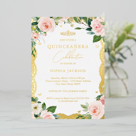 フォトエレガント金ゴールドレースピンクフローラキンセアニェラ 箔招待状 (立ち正面)