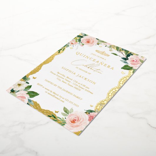 フォトエレガント金ゴールドレースピンクフローラキンセアニェラ 箔招待状 (回転した状態)