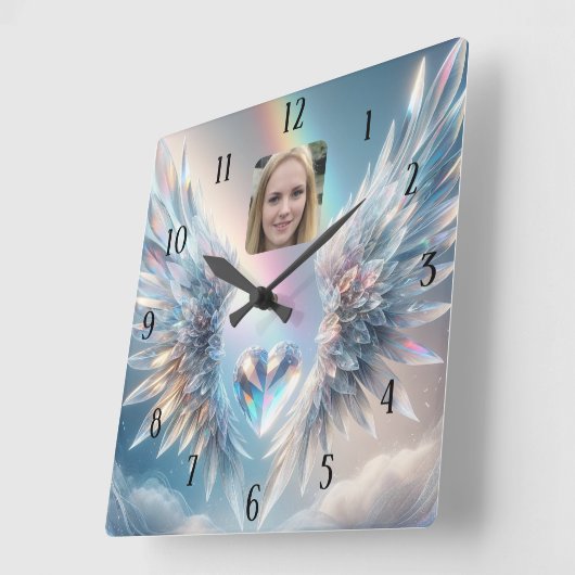 フォトエンジェルウィングスクリスタルハートの追加 スクエア壁時計 (傾斜)