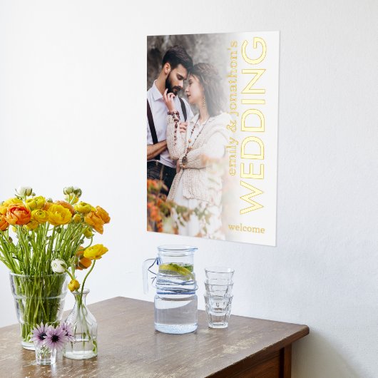 フォトオモダンーバーレイ回転文字歓迎結婚の 箔ポスター (レイダウン (キッチン))