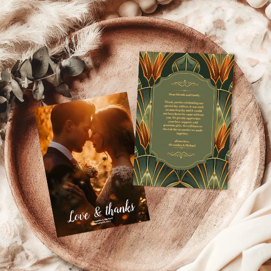 フォトオリーブグリーンエレガントヴィン華美テージ結婚式 サンキューカード