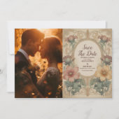 フォトオリーブ&オレンジ結婚のヴィンテージアールヌーボー セーブザデート (正面)