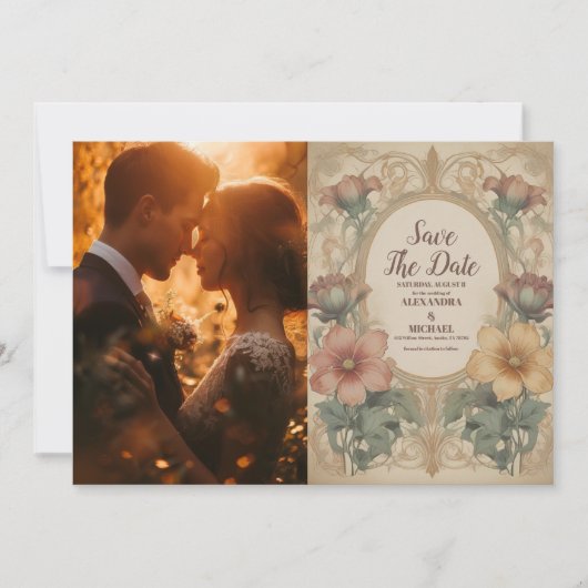 フォトオリーブ&オレンジ結婚のヴィンテージアールヌーボー セーブザデート (正面)