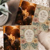 フォトオリーブ&オレンジ結婚のヴィンテージアールヌーボー セーブザデート