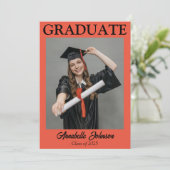 フォトオレンジモダン色の卒業発表 招待状 (スタンド正面)