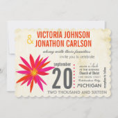 フォトオレンジ色ピンクモダンデイジー結婚式の招待 招待状 (正面)