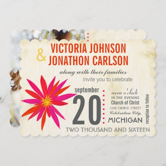 フォトオレンジ色ピンクモダンデイジー結婚式の招待 招待状 (正面/裏面)