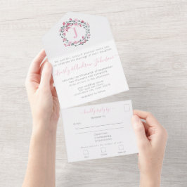 フォトオンバックピンク牡丹リースシンプルモダン オールインワン招待状