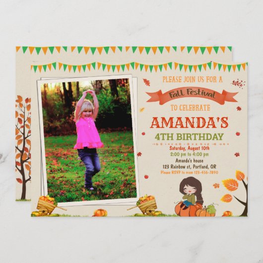 フォトオータム誕生日の招待秋フェスティバル 招待状 (正面/裏面)